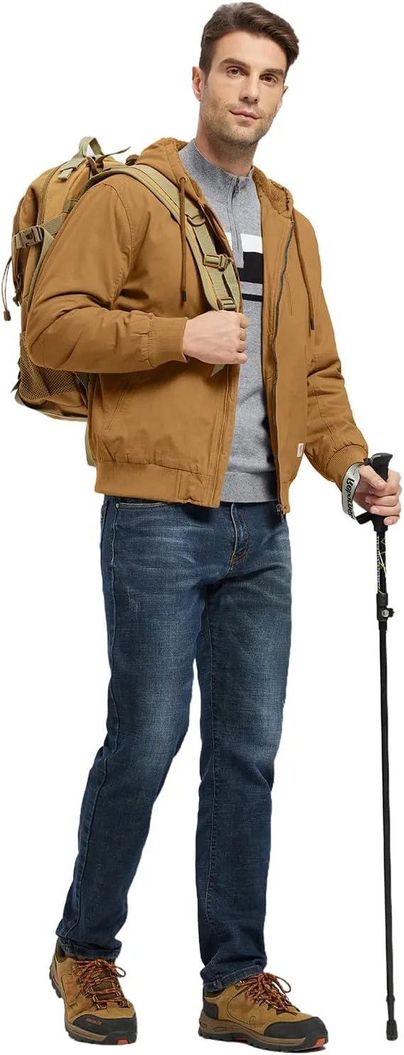 BGOWATU Men's Cotton Work Jacket Insulated Flannel Lined Full Zip Hoodies Active Winter Coat with Utility Pockets