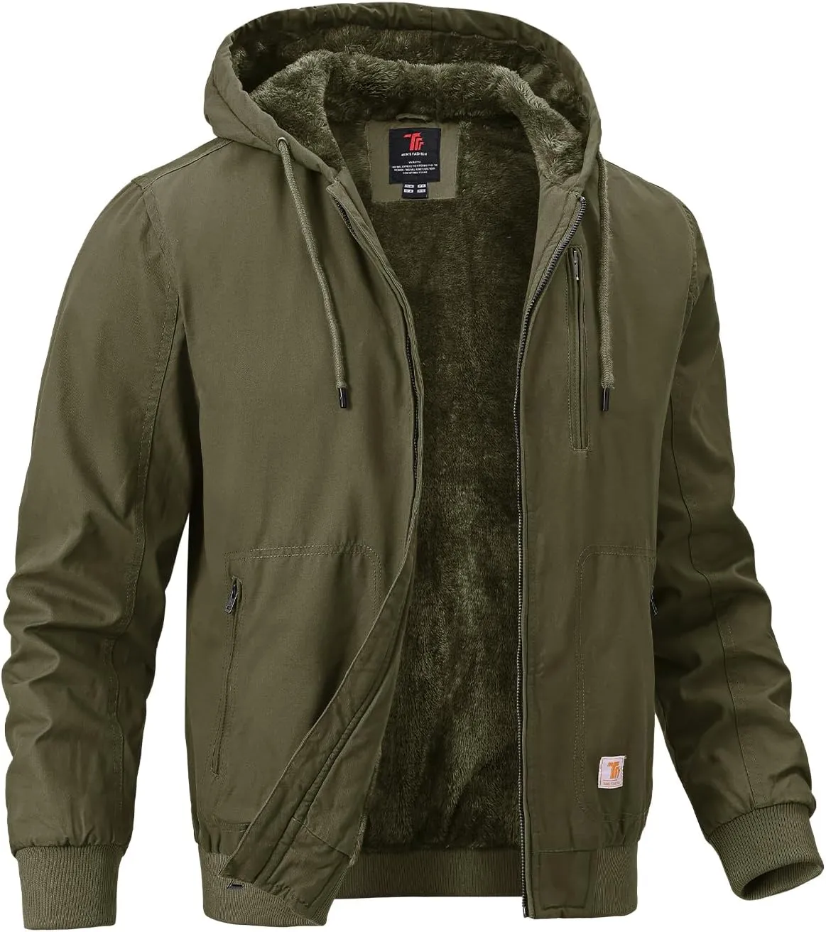 BGOWATU Men's Cotton Work Jacket Insulated Flannel Lined Full Zip Hoodies Active Winter Coat with Utility Pockets