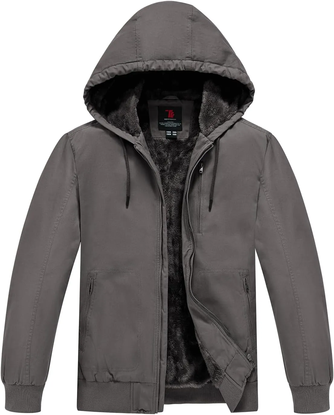 BGOWATU Men's Cotton Work Jacket Insulated Flannel Lined Full Zip Hoodies Active Winter Coat with Utility Pockets