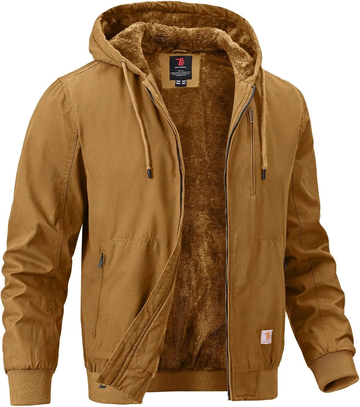 BGOWATU Men's Cotton Work Jacket Insulated Flannel Lined Full Zip Hoodies Active Winter Coat with Utility Pockets