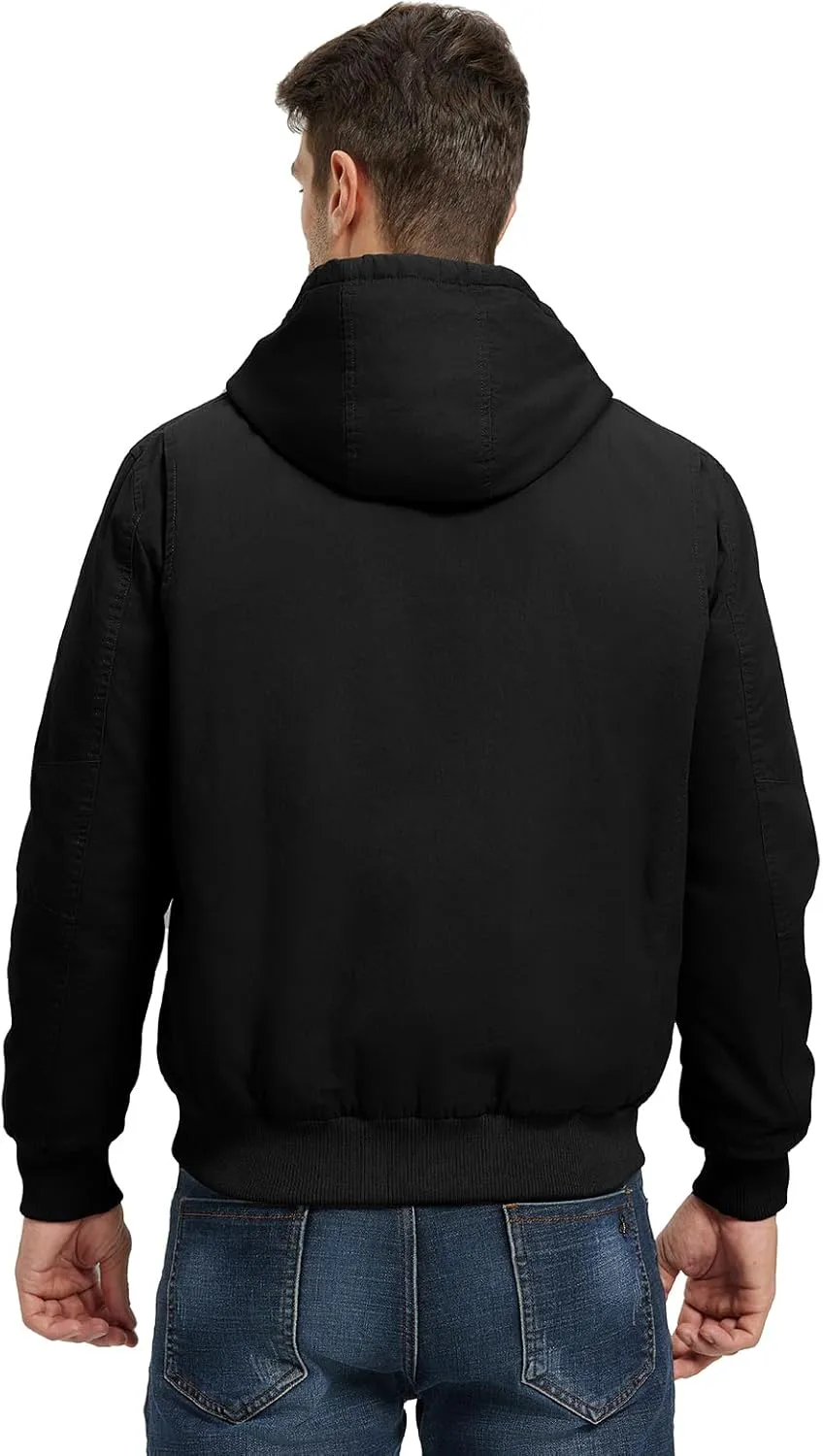 BGOWATU Men's Cotton Work Jacket Insulated Flannel Lined Full Zip Hoodies Active Winter Coat with Utility Pockets