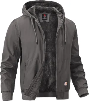 BGOWATU Men's Cotton Work Jacket Insulated Flannel Lined Full Zip Hoodies Active Winter Coat with Utility Pockets