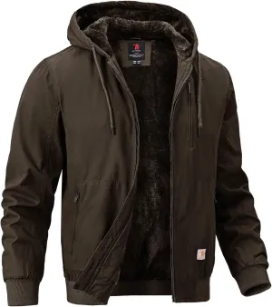 BGOWATU Men's Cotton Work Jacket Insulated Flannel Lined Full Zip Hoodies Active Winter Coat with Utility Pockets