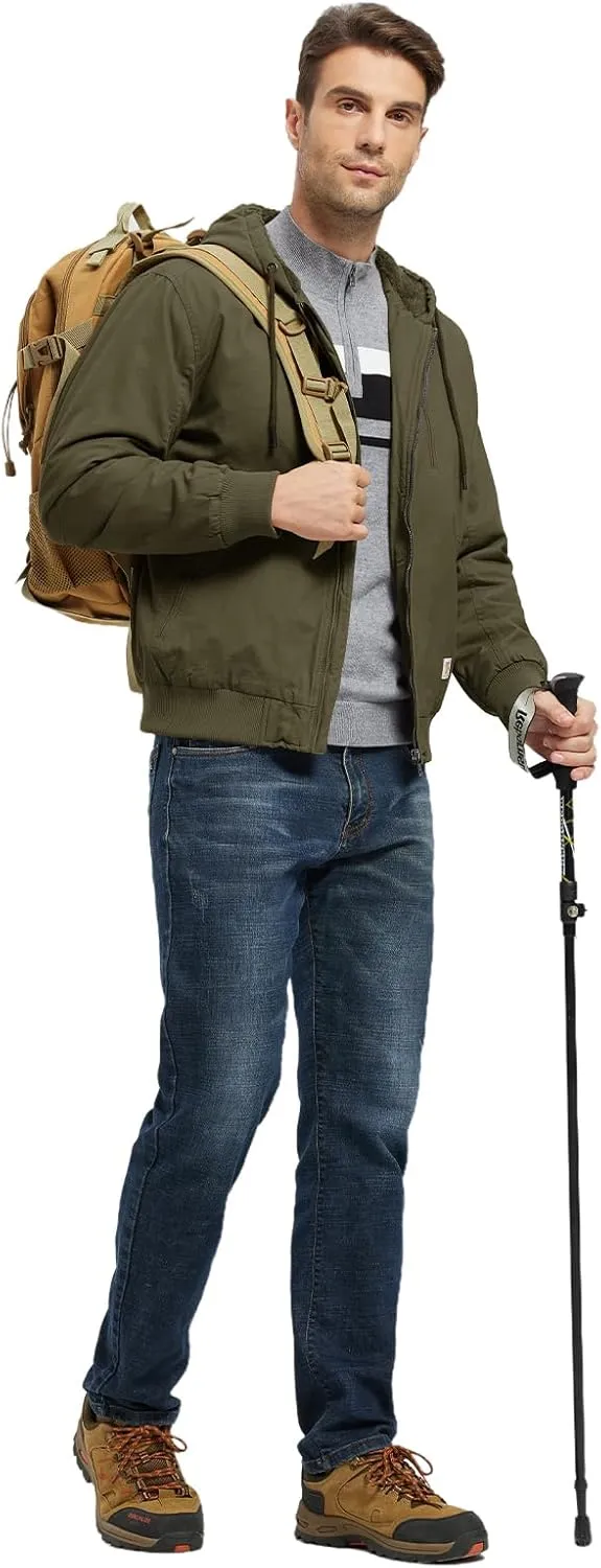 BGOWATU Men's Cotton Work Jacket Insulated Flannel Lined Full Zip Hoodies Active Winter Coat with Utility Pockets