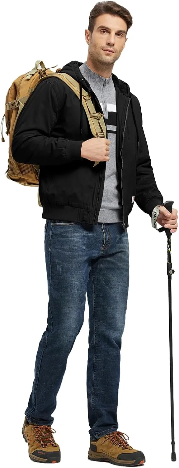 BGOWATU Men's Cotton Work Jacket Insulated Flannel Lined Full Zip Hoodies Active Winter Coat with Utility Pockets