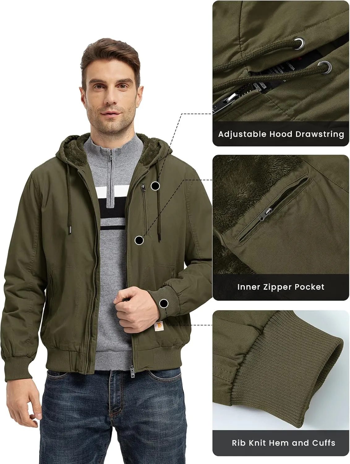 BGOWATU Men's Cotton Work Jacket Insulated Flannel Lined Full Zip Hoodies Active Winter Coat with Utility Pockets
