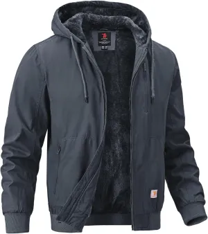 BGOWATU Men's Cotton Work Jacket Insulated Flannel Lined Full Zip Hoodies Active Winter Coat with Utility Pockets