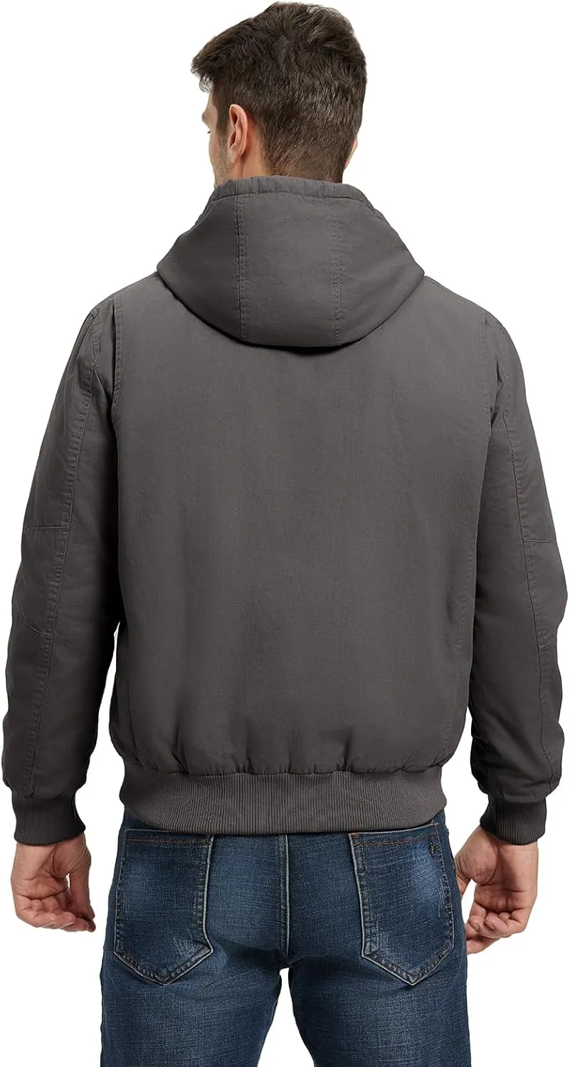 BGOWATU Men's Cotton Work Jacket Insulated Flannel Lined Full Zip Hoodies Active Winter Coat with Utility Pockets