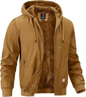 BGOWATU Men's Cotton Work Jacket Insulated Flannel Lined Full Zip Hoodies Active Winter Coat with Utility Pockets