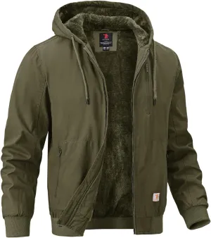 BGOWATU Men's Cotton Work Jacket Insulated Flannel Lined Full Zip Hoodies Active Winter Coat with Utility Pockets