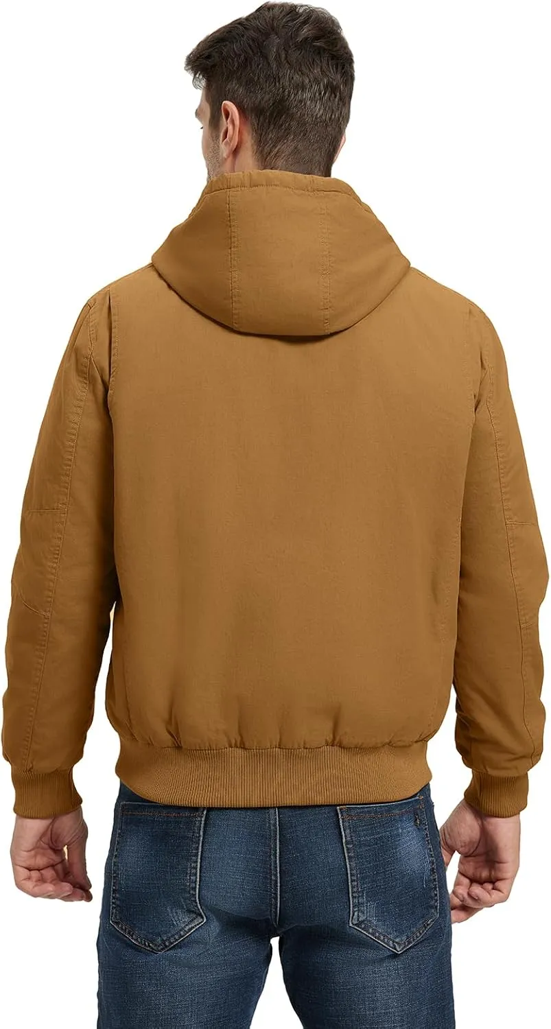 BGOWATU Men's Cotton Work Jacket Insulated Flannel Lined Full Zip Hoodies Active Winter Coat with Utility Pockets