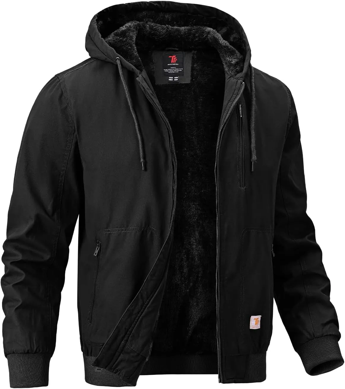 BGOWATU Men's Cotton Work Jacket Insulated Flannel Lined Full Zip Hoodies Active Winter Coat with Utility Pockets