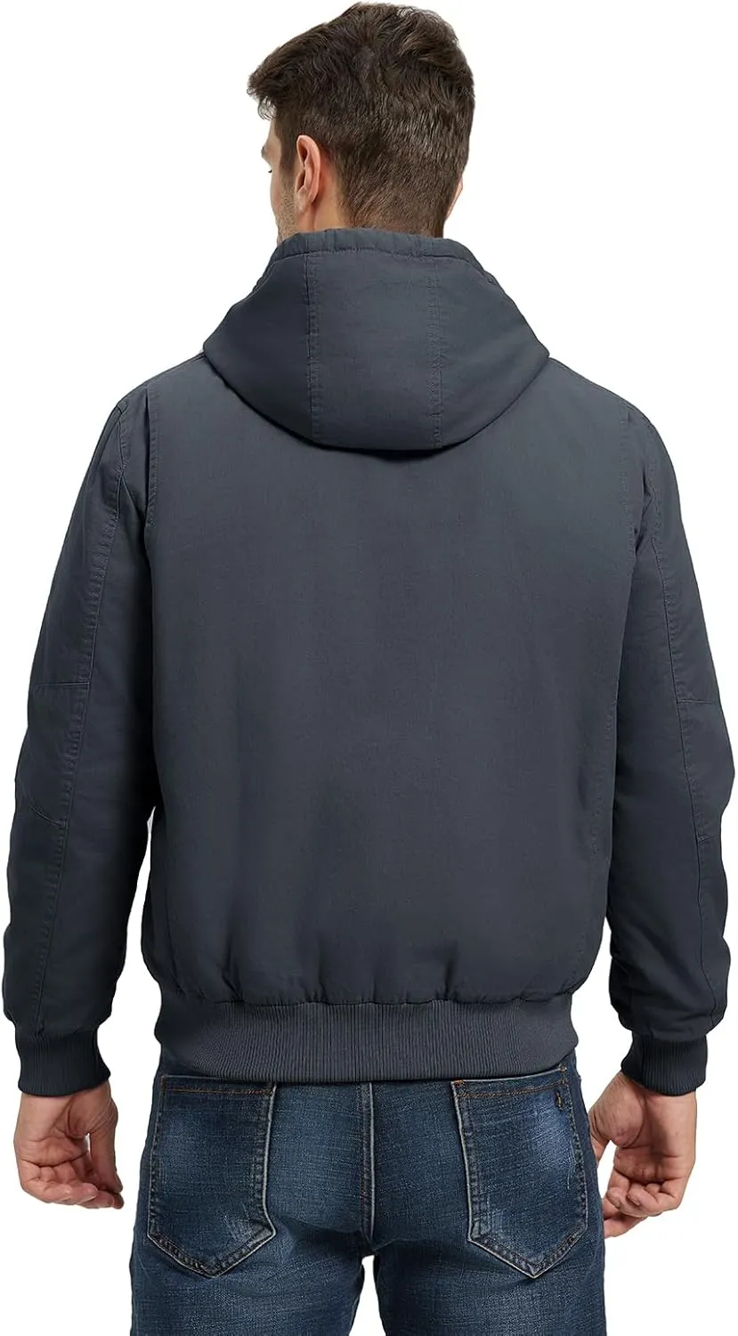 BGOWATU Men's Cotton Work Jacket Insulated Flannel Lined Full Zip Hoodies Active Winter Coat with Utility Pockets