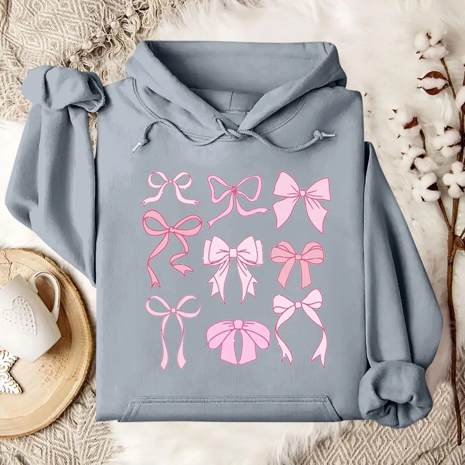 Bow Print Valentines Sweatshirts for Women Trendy Novelty Fleece Y2K Hoodie Drawstring Oversized Pullover with Pocket