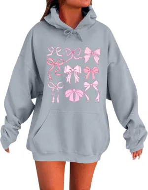 Bow Print Valentines Sweatshirts for Women Trendy Novelty Fleece Y2K Hoodie Drawstring Oversized Pullover with Pocket