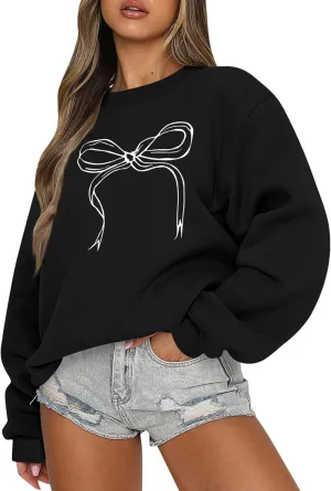 Bow Sweater Women Coquette Clothes, Sweatshirts For Teen Girls Clean Girl Holiday Shirt Crewneck Long Sleeve Pullover