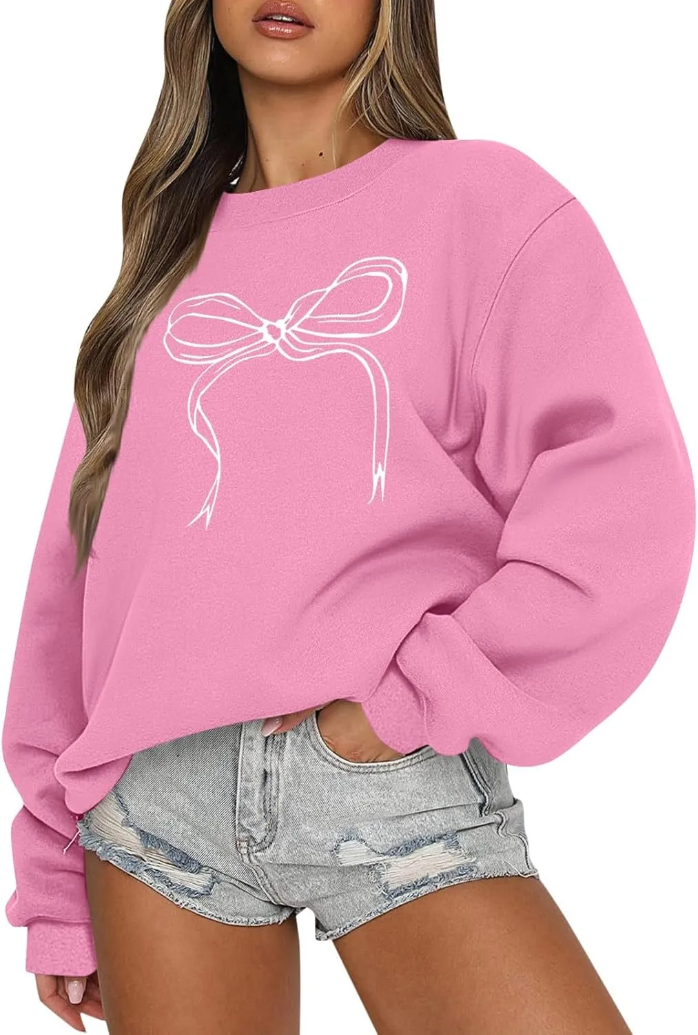 Bow Sweater Women Coquette Clothes, Sweatshirts For Teen Girls Clean Girl Holiday Shirt Crewneck Long Sleeve Pullover