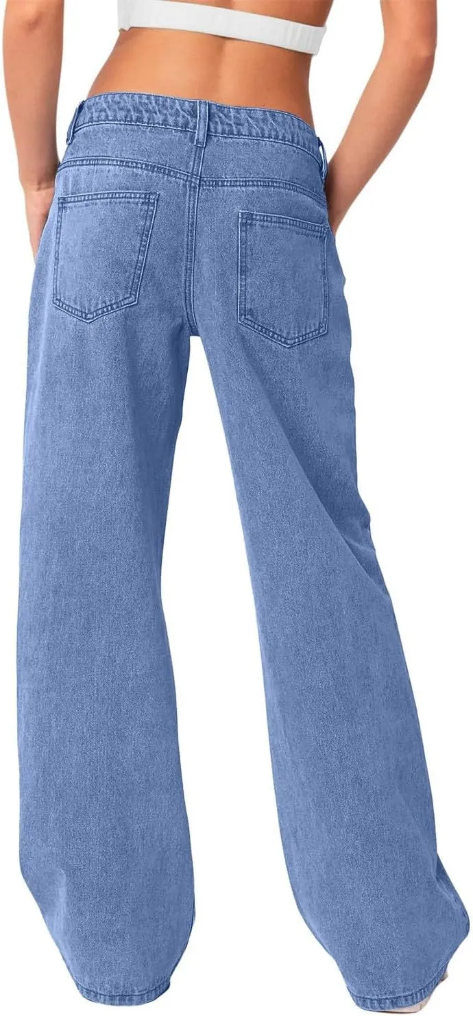 Boyfriend Jeans for Women Trendy Low Rise Sweatpant Jeans Straight Leg Trousers with Pockets Comfy Y2k Denim Pants