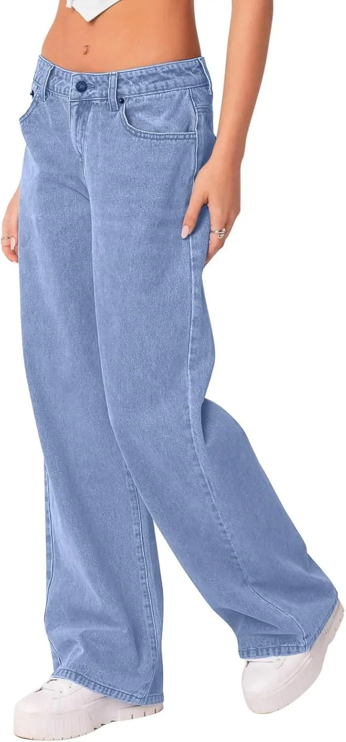 Boyfriend Jeans for Women Trendy Low Rise Sweatpant Jeans Straight Leg Trousers with Pockets Comfy Y2k Denim Pants