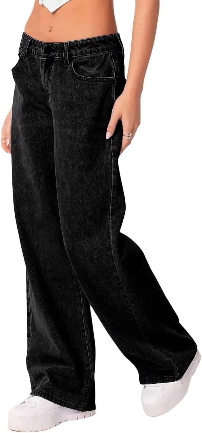 Boyfriend Jeans for Women Trendy Low Rise Sweatpant Jeans Straight Leg Trousers with Pockets Comfy Y2k Denim Pants