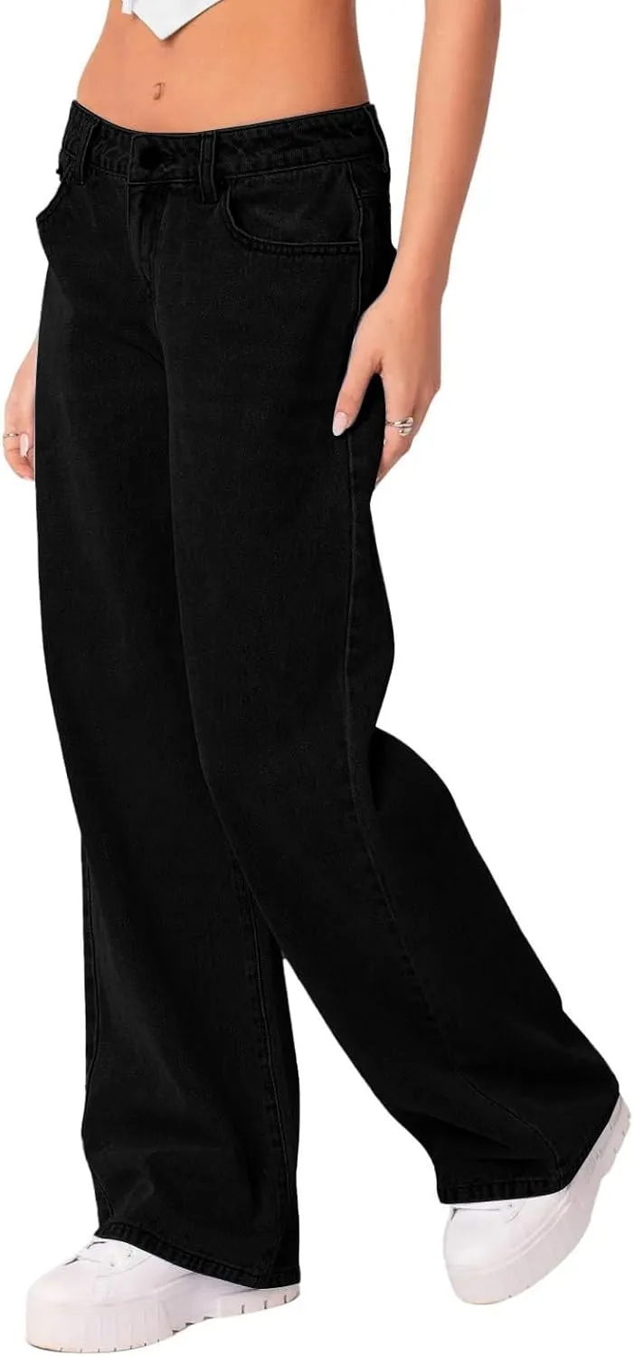 Boyfriend Jeans for Women Trendy Low Rise Sweatpant Jeans Straight Leg Trousers with Pockets Comfy Y2k Denim Pants