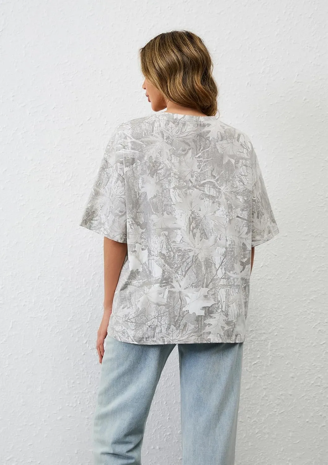 Camo Print Oversized T Shirts for Women Short Sleeve Graphic Print Crew Neck Baggy Shirts Cute Tunic Tee Tops