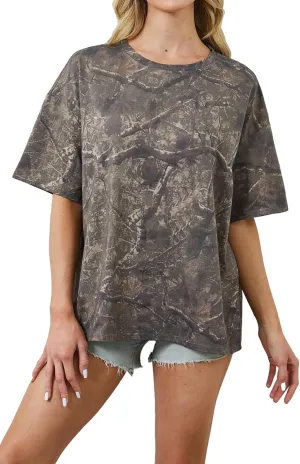 Camo Print Oversized T Shirts for Women Short Sleeve Graphic Print Crew Neck Baggy Shirts Cute Tunic Tee Tops