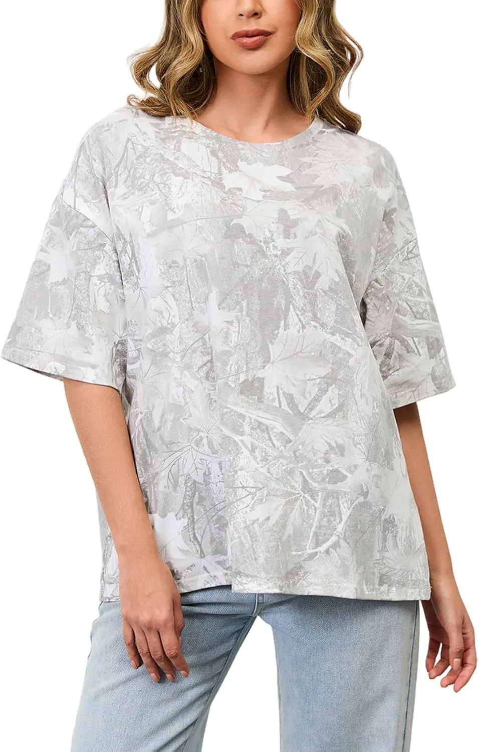 Camo Print Oversized T Shirts for Women Short Sleeve Graphic Print Crew Neck Baggy Shirts Cute Tunic Tee Tops