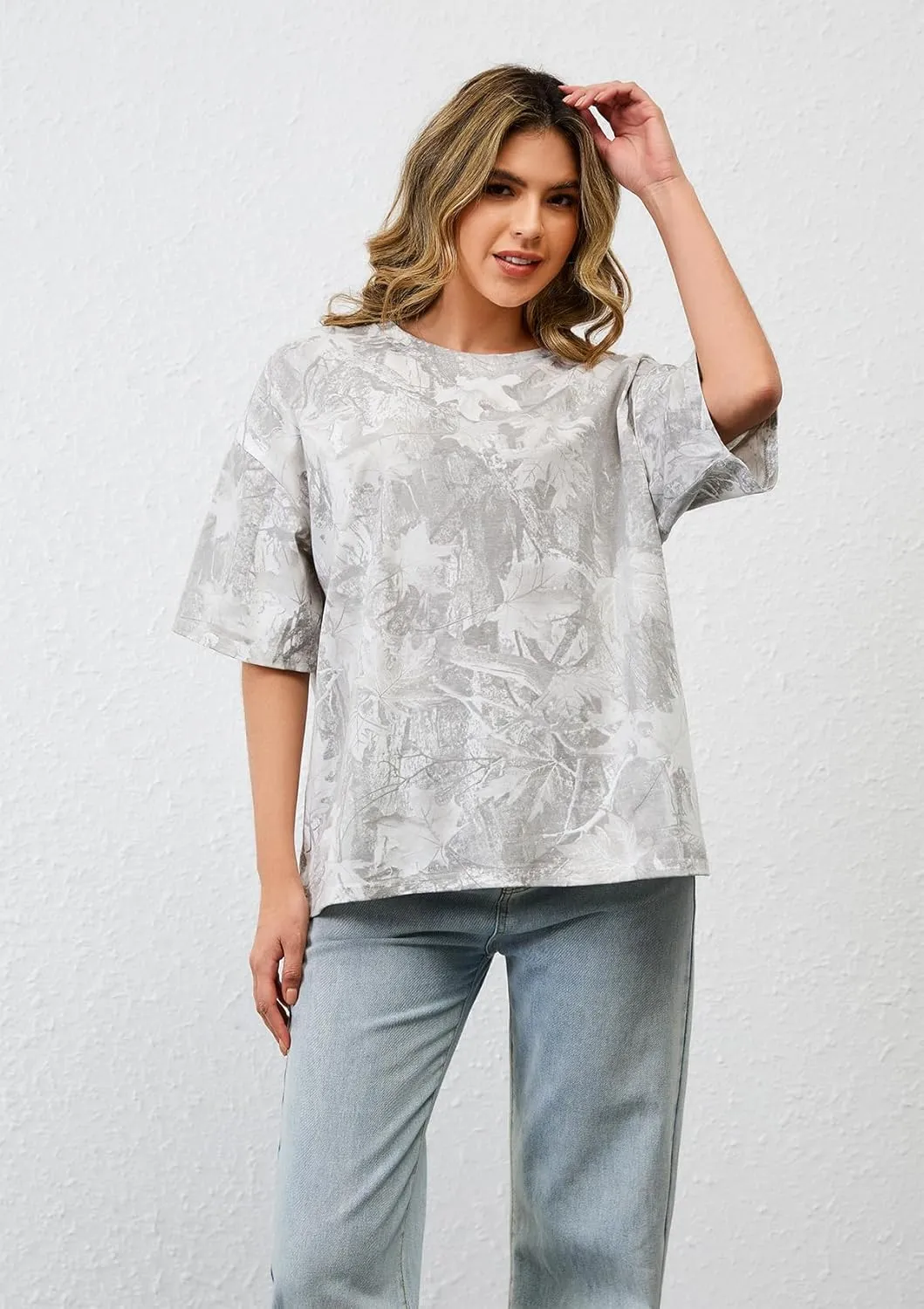 Camo Print Oversized T Shirts for Women Short Sleeve Graphic Print Crew Neck Baggy Shirts Cute Tunic Tee Tops