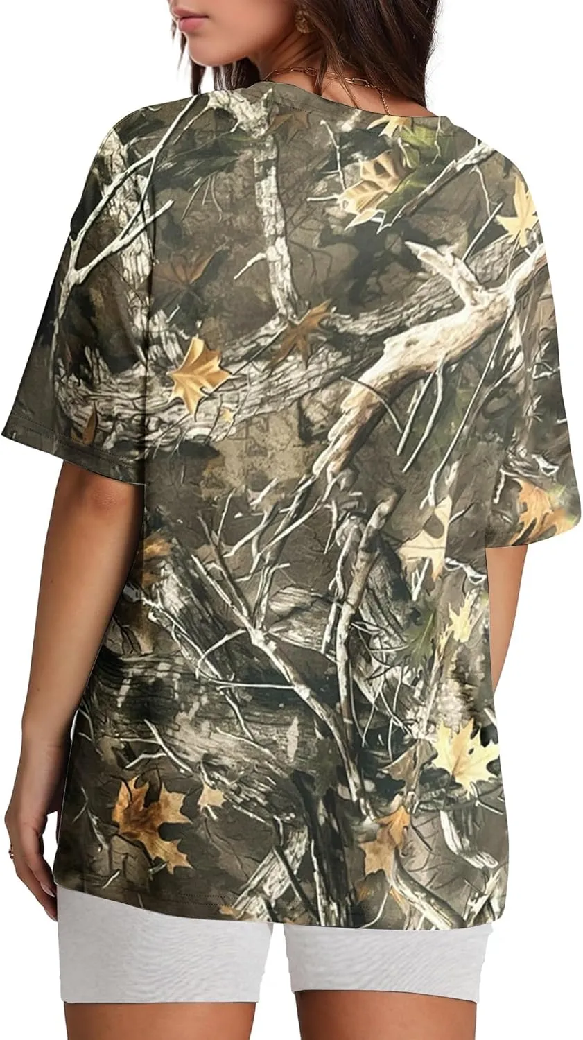 Camo Print Oversized T Shirts for Women Short Sleeve Graphic Print Crew Neck Baggy Shirts Cute Tunic Tee Tops
