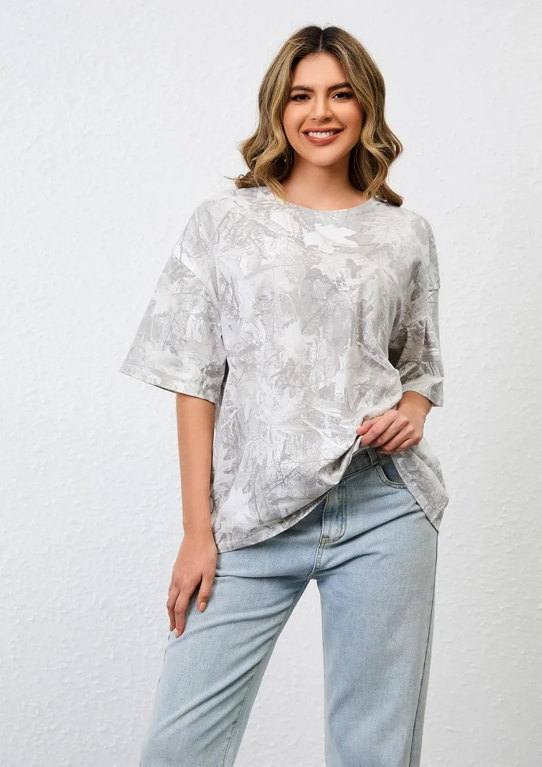Camo Print Oversized T Shirts for Women Short Sleeve Graphic Print Crew Neck Baggy Shirts Cute Tunic Tee Tops