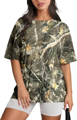 Camo Print Oversized T Shirts for Women Short Sleeve Graphic Print Crew Neck Baggy Shirts Cute Tunic Tee Tops