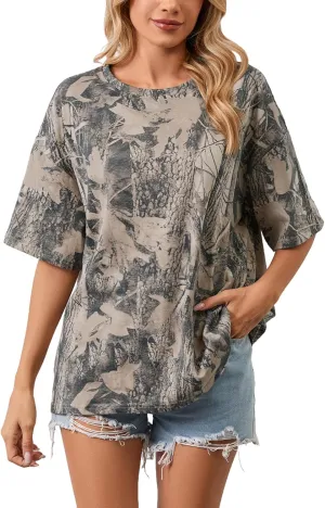 Camo Print Oversized T Shirts for Women Short Sleeve Graphic Print Crew Neck Baggy Shirts Cute Tunic Tee Tops