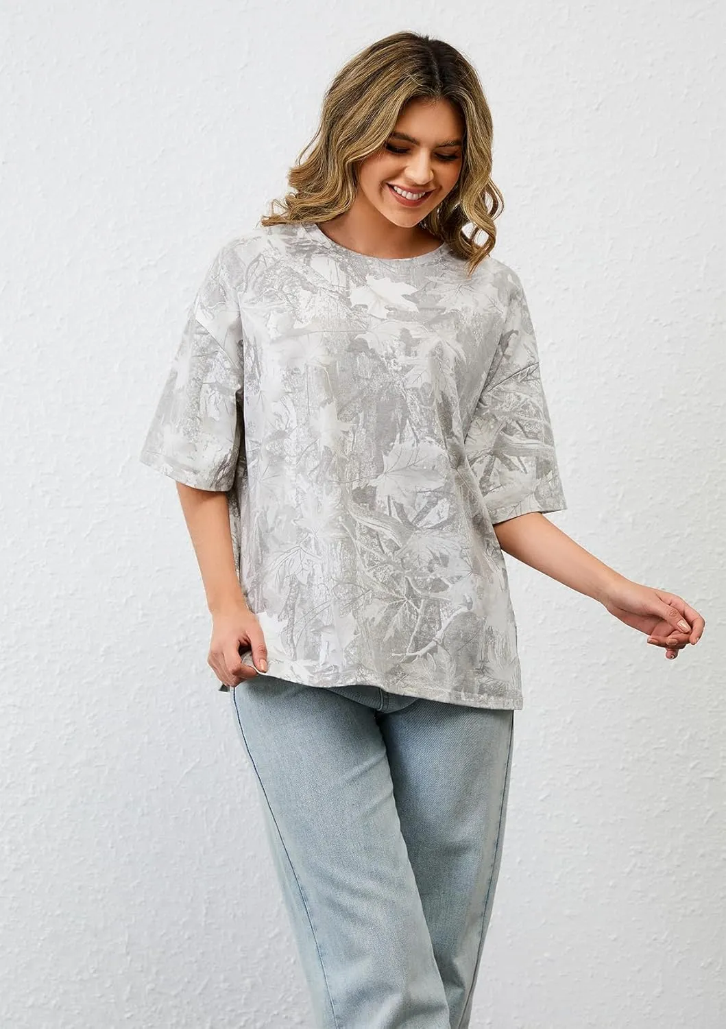 Camo Print Oversized T Shirts for Women Short Sleeve Graphic Print Crew Neck Baggy Shirts Cute Tunic Tee Tops