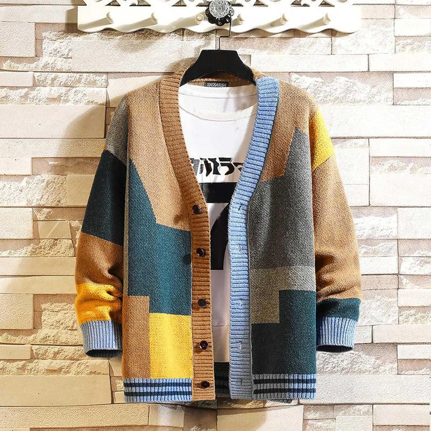 Cardigan Sweater for Men's Fashion Color Cardigan V Neck Cardigan Top Versatile Knitted Button Down Overcoat Coats