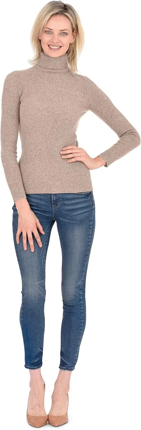 Cashmeren Women’s Basic Ribbed Turtleneck Sweater 100% Pure Cashmere Long Sleeve Roll Neck Pullover
