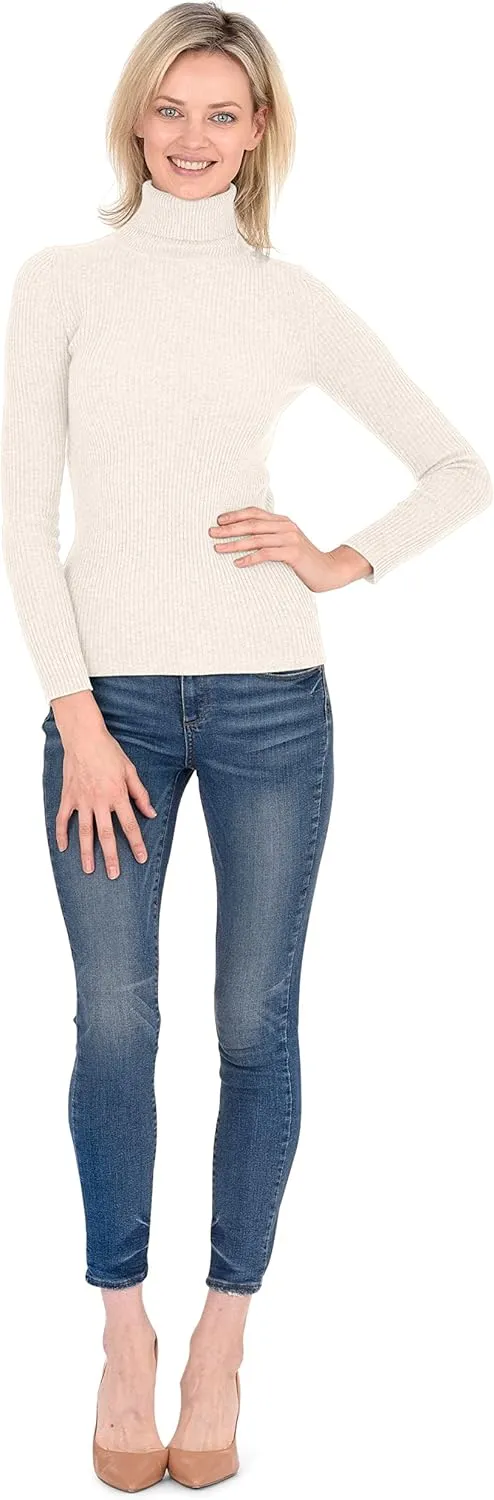 Cashmeren Women’s Basic Ribbed Turtleneck Sweater 100% Pure Cashmere Long Sleeve Roll Neck Pullover