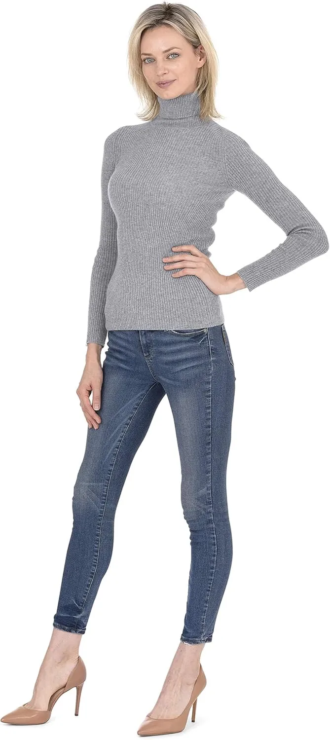 Cashmeren Women’s Basic Ribbed Turtleneck Sweater 100% Pure Cashmere Long Sleeve Roll Neck Pullover