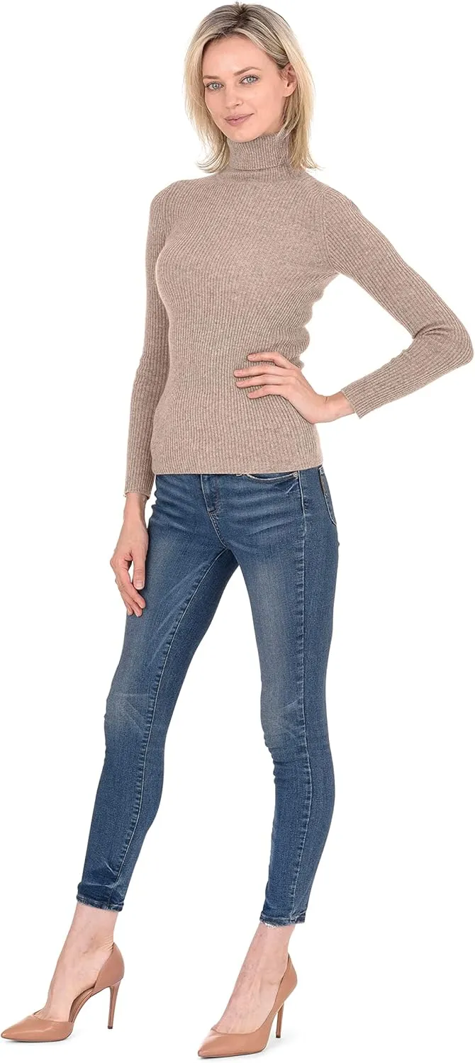 Cashmeren Women’s Basic Ribbed Turtleneck Sweater 100% Pure Cashmere Long Sleeve Roll Neck Pullover