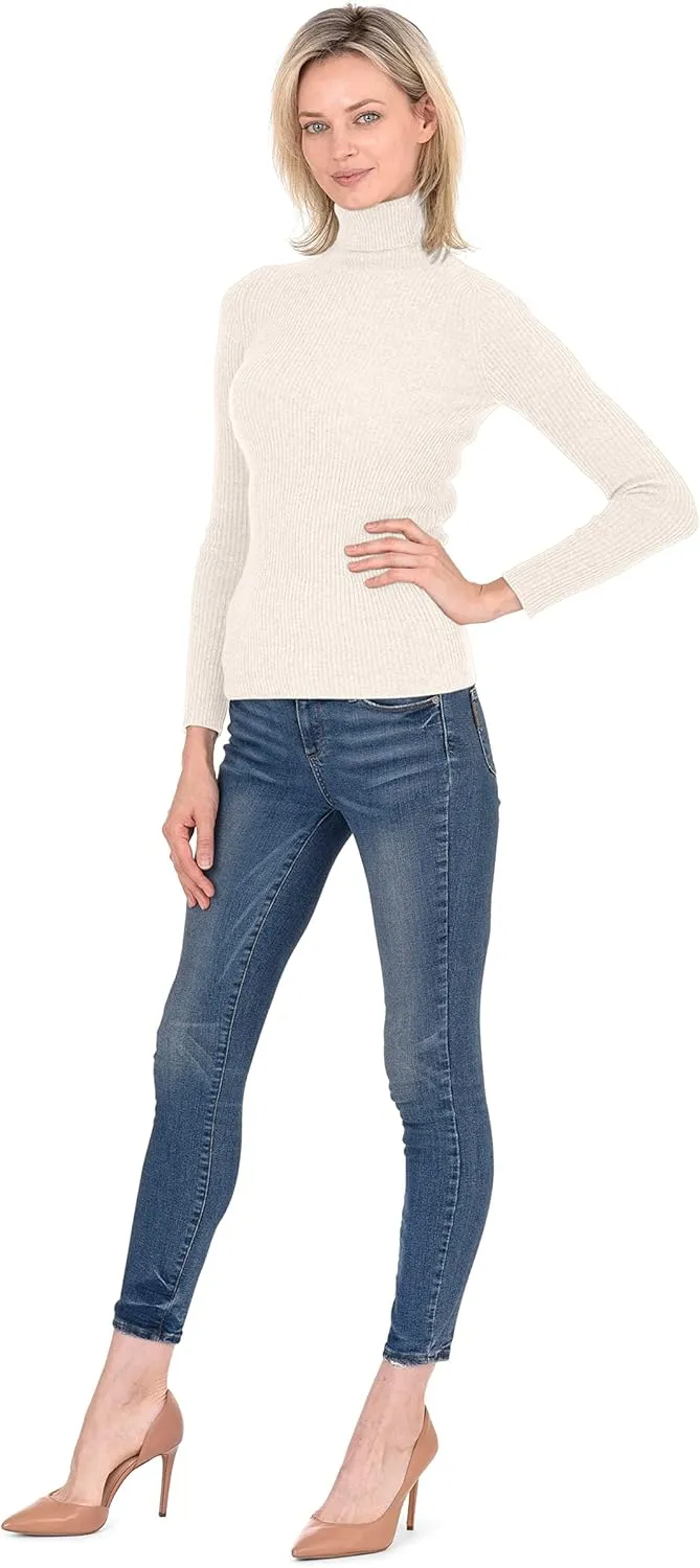 Cashmeren Women’s Basic Ribbed Turtleneck Sweater 100% Pure Cashmere Long Sleeve Roll Neck Pullover