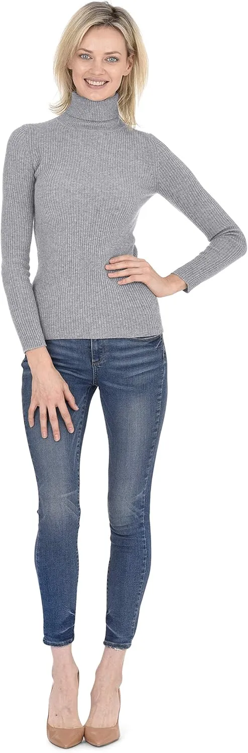 Cashmeren Women’s Basic Ribbed Turtleneck Sweater 100% Pure Cashmere Long Sleeve Roll Neck Pullover