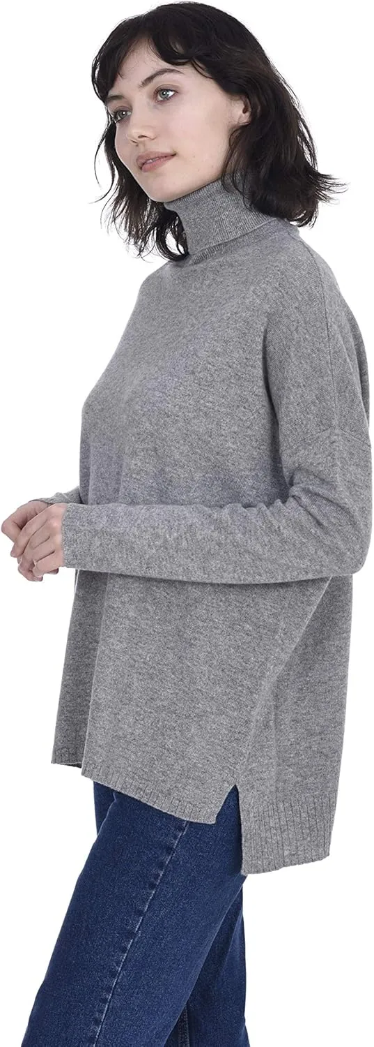 Cashmeren Women’s Oversized Turtleneck Sweater with Side Slits 100% Pure Cashmere Long Sleeve Roll Neck Pullover