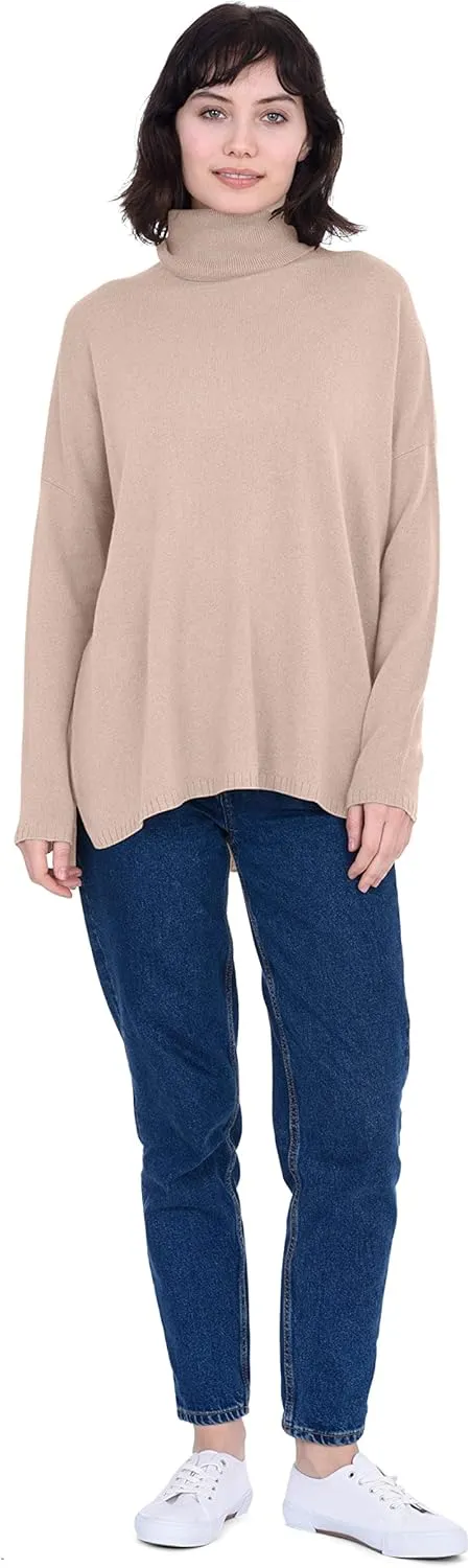 Cashmeren Women’s Oversized Turtleneck Sweater with Side Slits 100% Pure Cashmere Long Sleeve Roll Neck Pullover