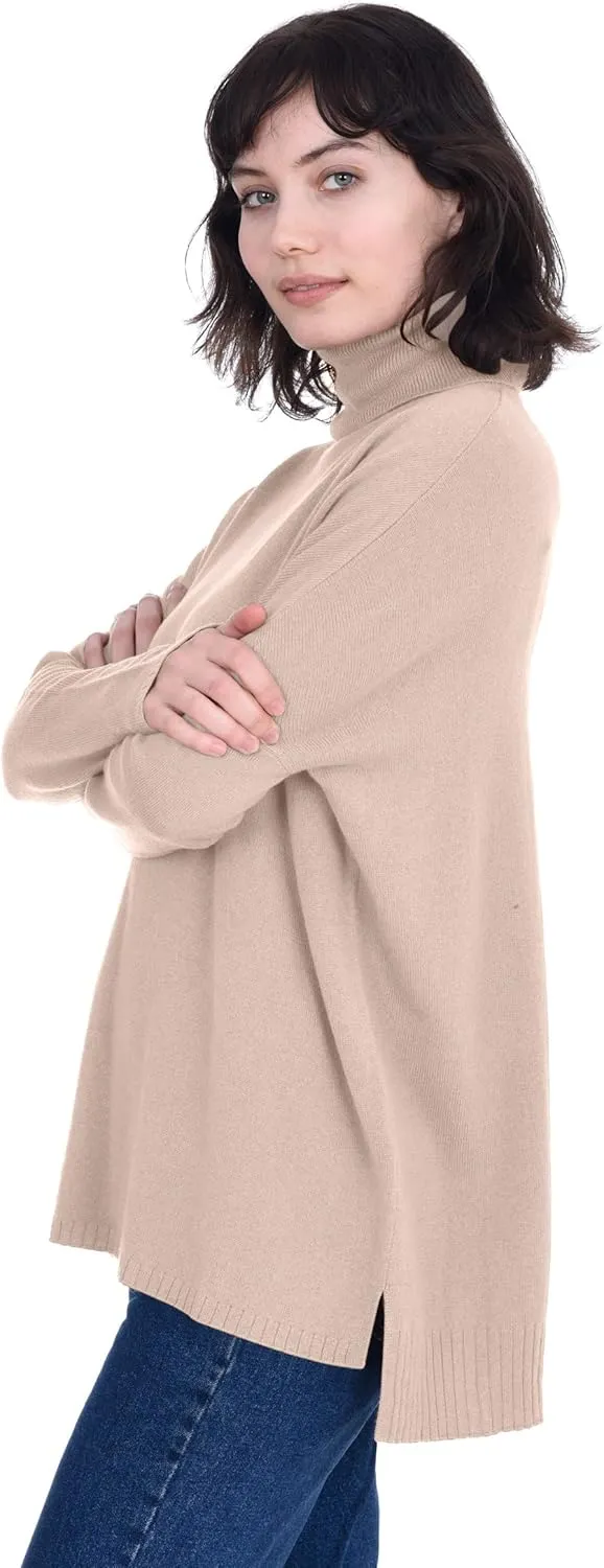 Cashmeren Women’s Oversized Turtleneck Sweater with Side Slits 100% Pure Cashmere Long Sleeve Roll Neck Pullover