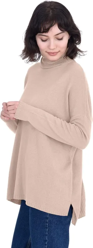 Cashmeren Women’s Oversized Turtleneck Sweater with Side Slits 100% Pure Cashmere Long Sleeve Roll Neck Pullover