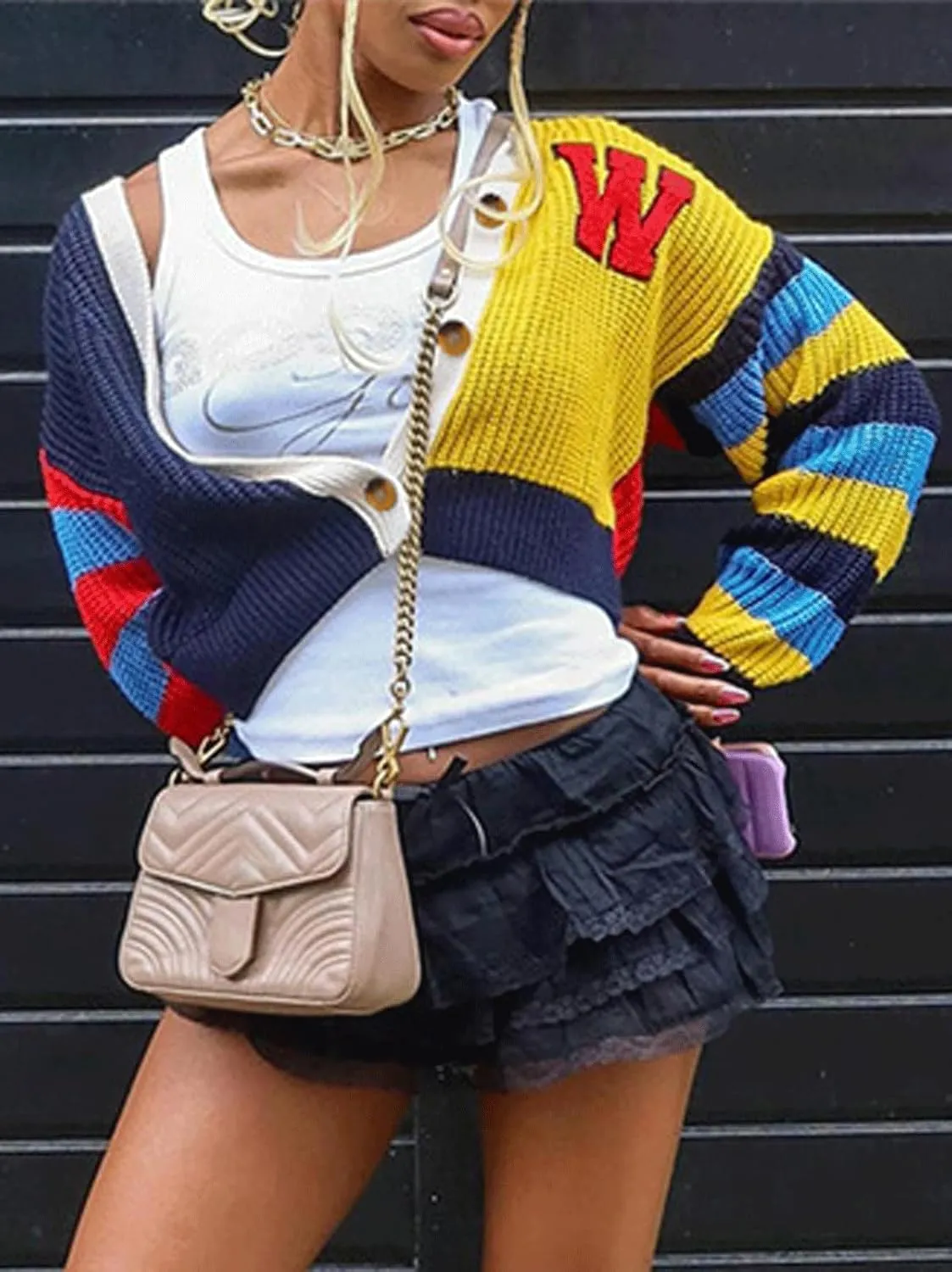 CHARTOU Women's Colorful Letter Cable Knit Sweaters Cardigan V Neck Button Down Color Block Y2k Outfits 2024