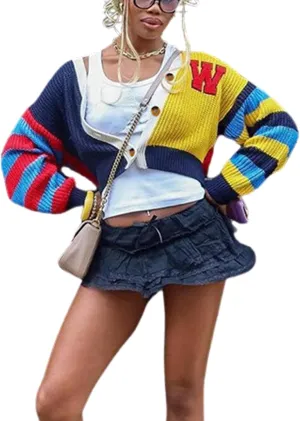 CHARTOU Women's Colorful Letter Cable Knit Sweaters Cardigan V Neck Button Down Color Block Y2k Outfits 2024