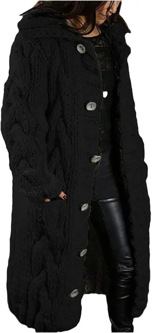 Chunky Cute Sweaters for Women Button Down Solid Color 2023 with Hood Long Pockets Plus Size Cable Knit Work Cardigan