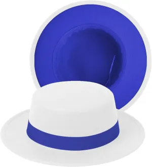 Classic Fedora Hat Two Tone Flat Top Hat with Band Wide Brim Pork Pie Hat Adjustable Patchwork Colors Panama Hat
