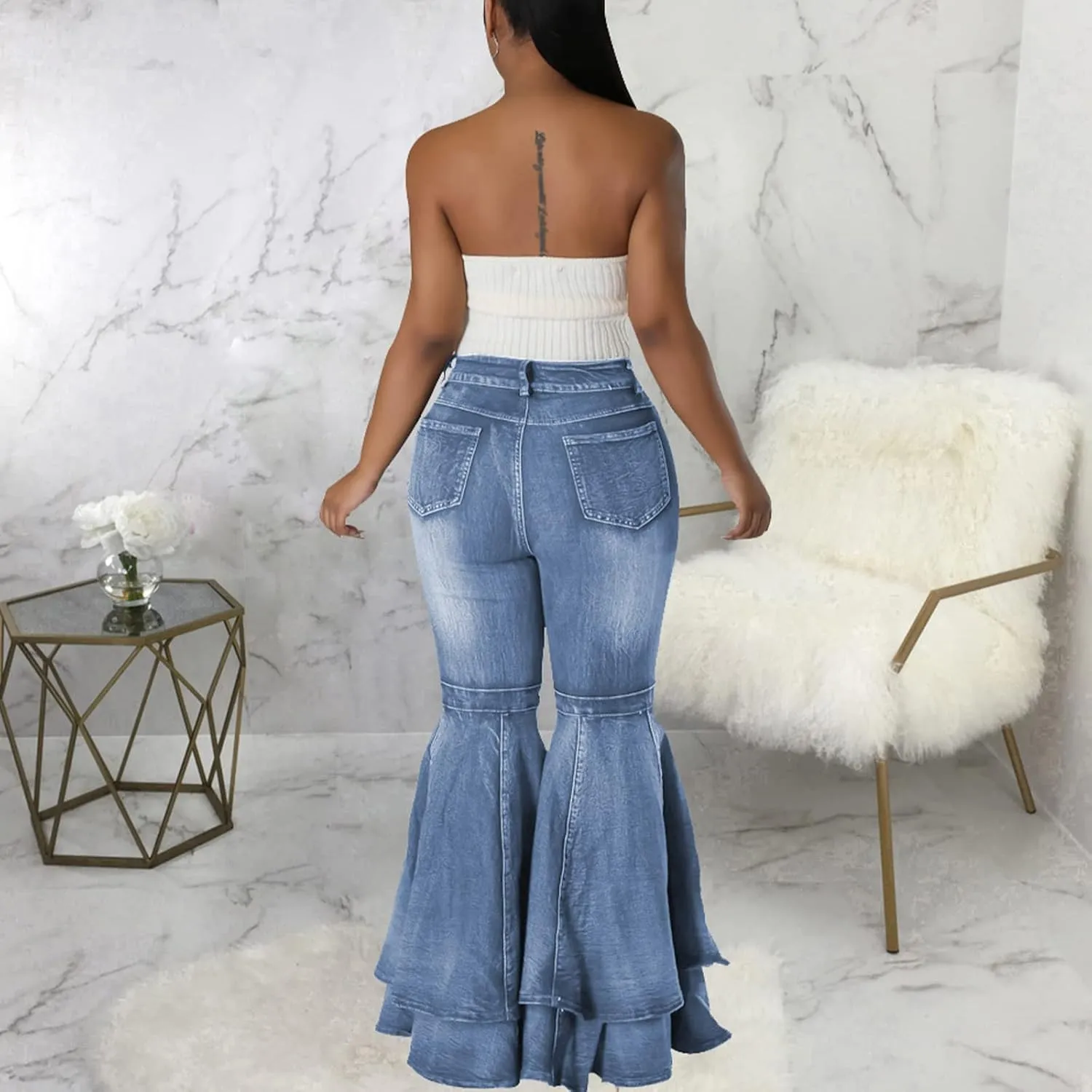 Conshvi Women's High Waisted Bell Bottom Jeans Layered Ruffle Patchwork Wide Leg Flare Denim Pants